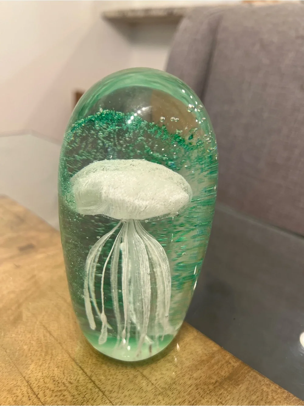 green hand-blown art glass jellyfish paperweight